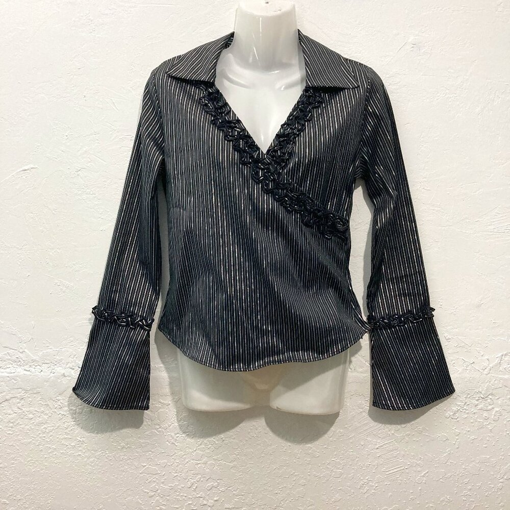Charlotte Russe Stretch Dress Shirt Long Sleeve Y2K Striped Metallic Black Zip M